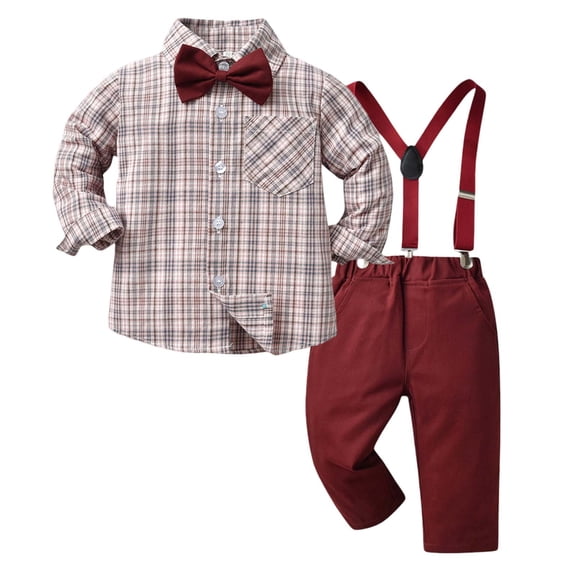 WOYY Toddler Boys Outfits Long Sleeve Striped Dress Shirt Suspender Pants Suit, Sizes 4-5T