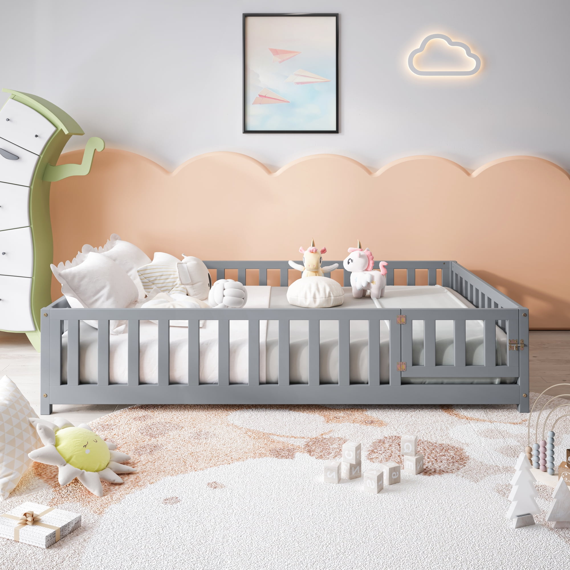 Leumius Full Size Floor Platform Bed Frame with Fence and Door for Kids, Montessori Floor Bed Frame with Support Slats for Toddlers Grey
