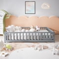 thumbnail image 2 of Leumius Full Size Floor Platform Bed Frame with Fence and Door for Kids, Montessori Floor Bed Frame with Support Slats for Toddlers Grey, 2 of 9