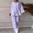 thumbnail image 2 of MaFYtyTPR Hot New Models of 2024 Women's Fall/Summer Solid Color V-Neck Casual Lg Sleeve Pocket Wide Leg Pantsuit Lounge Sets for Women 2 Pice , Size XXXXXL Purple, 2 of 7