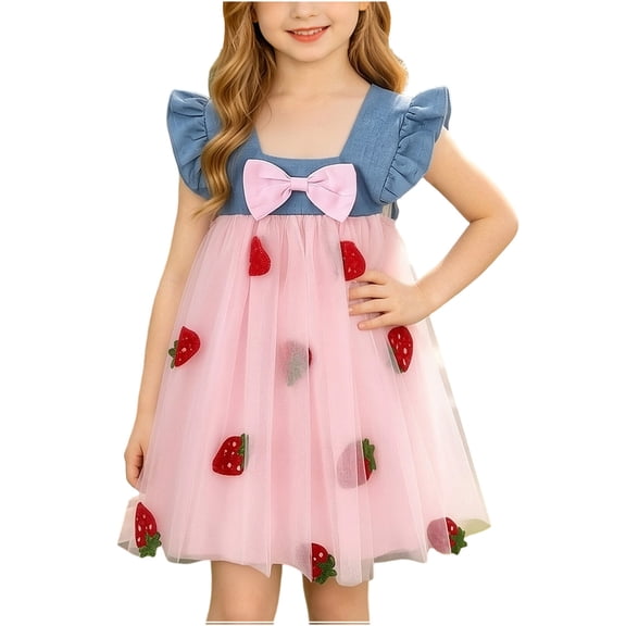 Babcutegg Cute Denim Skirt Dress With Sweet Strawberry Embellishment, Lightweight Sleeveless Design And Soft Comfort Fit For Everyday Wear Pink Size 2T