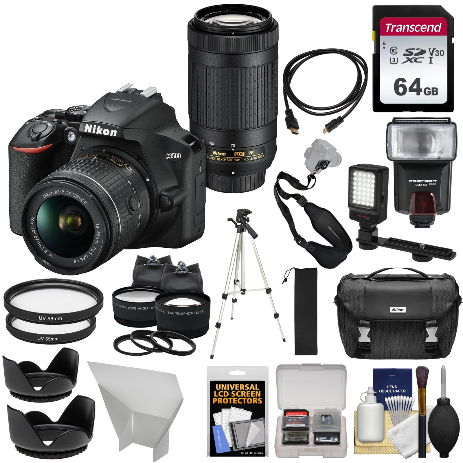 Nikon D3500 Digital SLR Camera + 18-55mm VR + 70-300mm DX AF-P Lenses with  64GB Card + Case + Flash + Tripod + LED Light + 2 Lens Kit