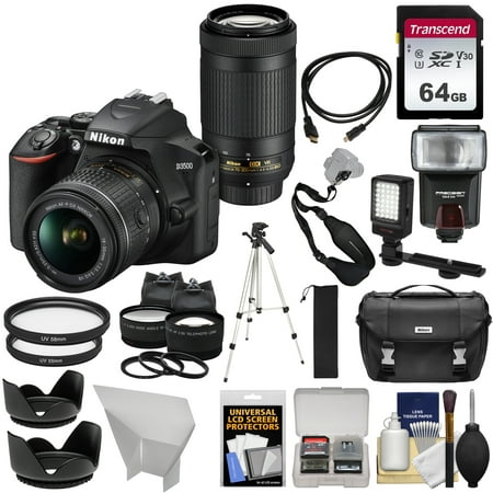 Nikon D3500 Digital SLR Camera + 18-55mm VR + 70-300mm DX AF-P Lenses with 64GB Card + Case + Flash + Tripod + LED Light + 2 Lens