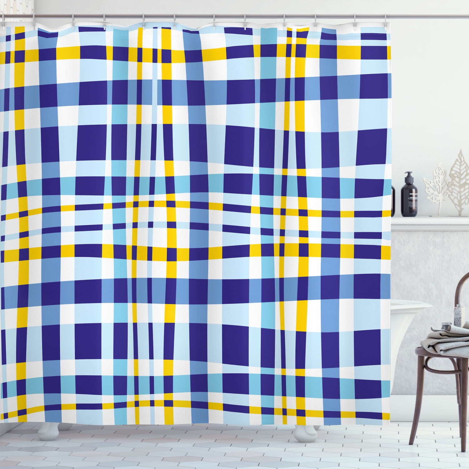 Yellow and Blue Shower Curtain, Retro Scottish Checkered Tartan with