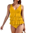 thumbnail image 2 of Women's One Piece Bikini Swimsuit Solid Color High Neck Ruffle Sexy with Removable Bra Pads No Underwire for Beach Vacation,Yellow,XL, 2 of 6
