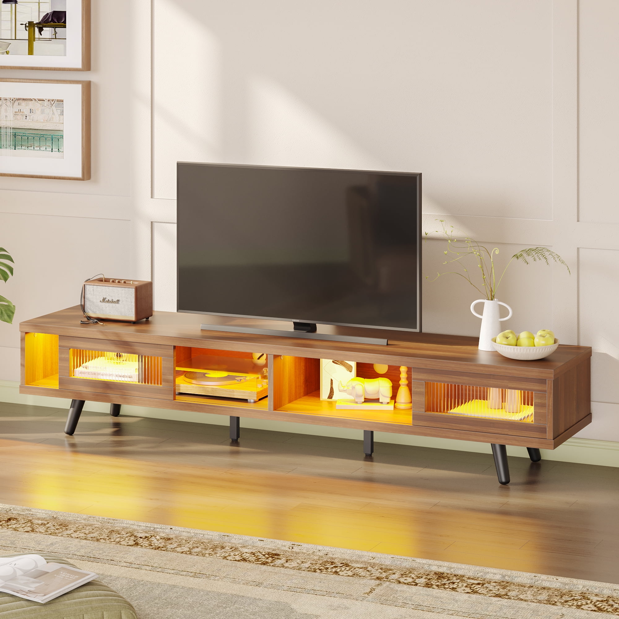 Bestier 70" LED TV Stand for TVs up to 75" TV, Mid-Century Modern Entertainment Center with Sliding Glass Door, Media TV Console Table, Ancona Walnut
