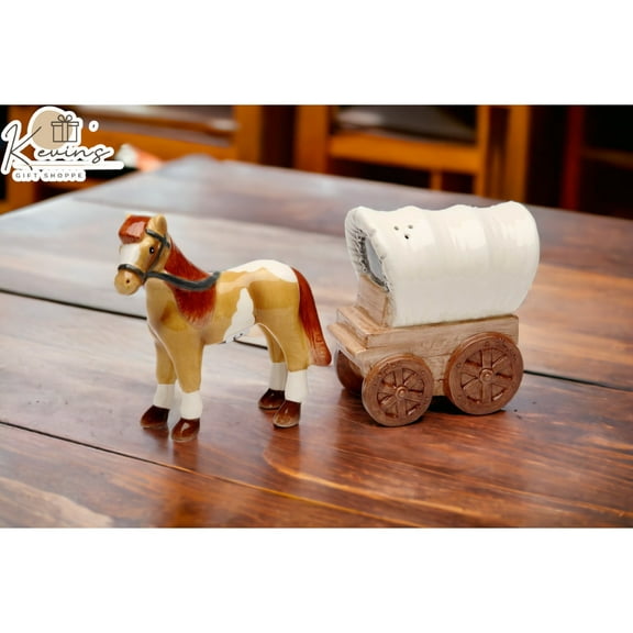 Ceramic Horse and Wagon Salt and Pepper Shakers Home Kitchen