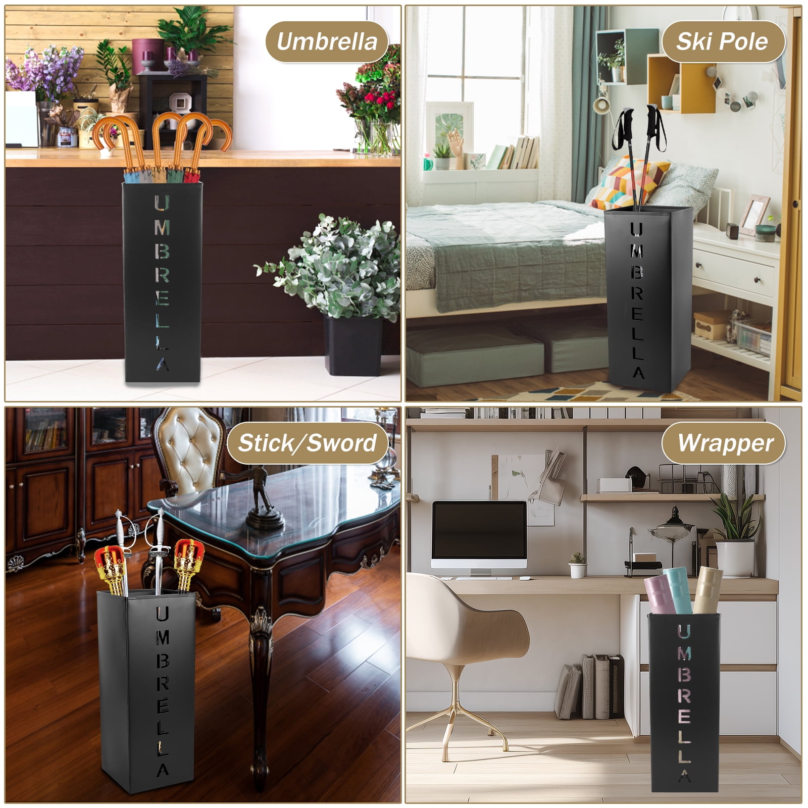 Eummy Metal Umbrella Holder Umbrella Stand Rack 16.5x6.3x6.3inchDecorative Umbrella Holder Bin Multipurpose Walking Sticks Holder  for Home Entryway Office Hotel and Supermarket