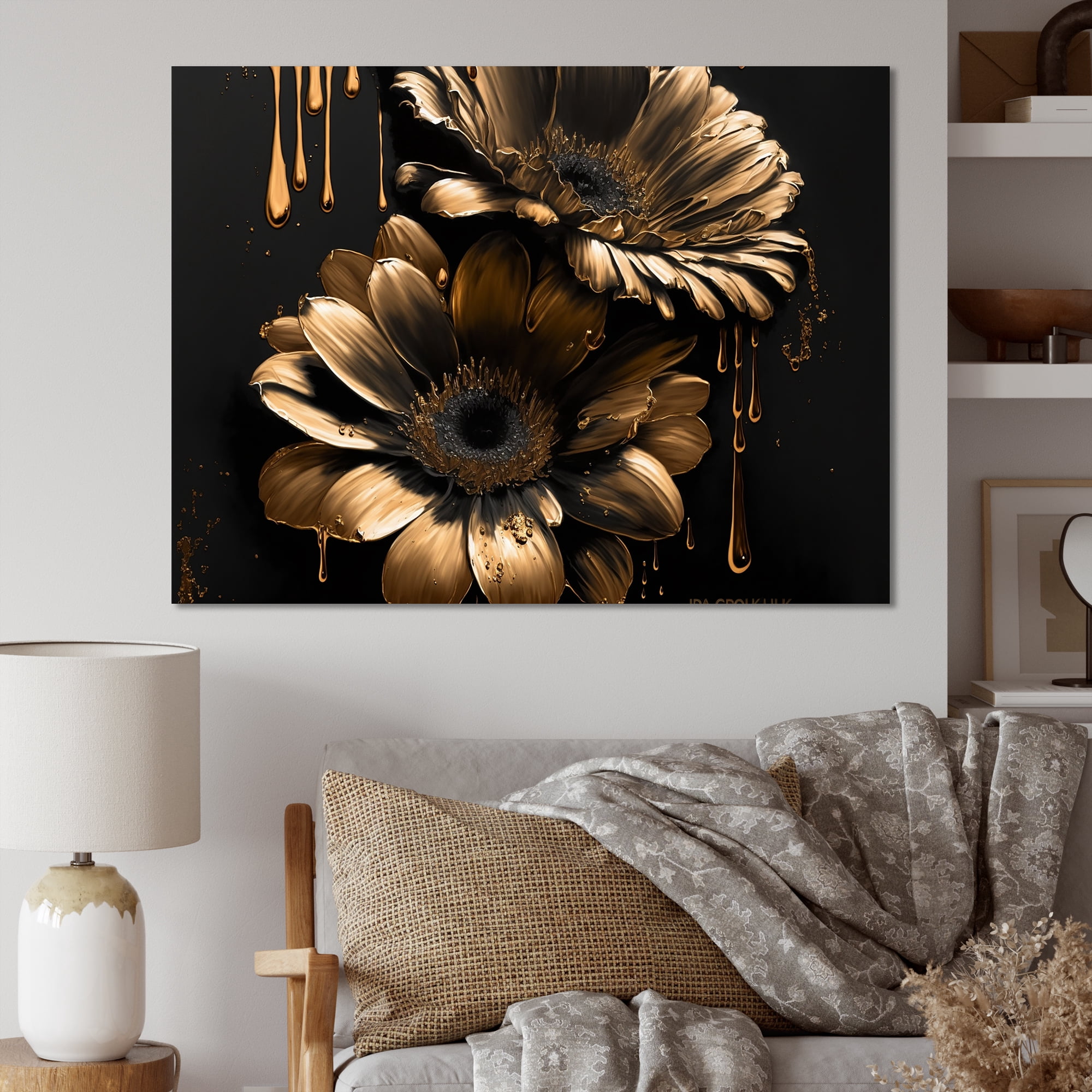 Designart Black And Gold Daisy III Canvas Wall Art