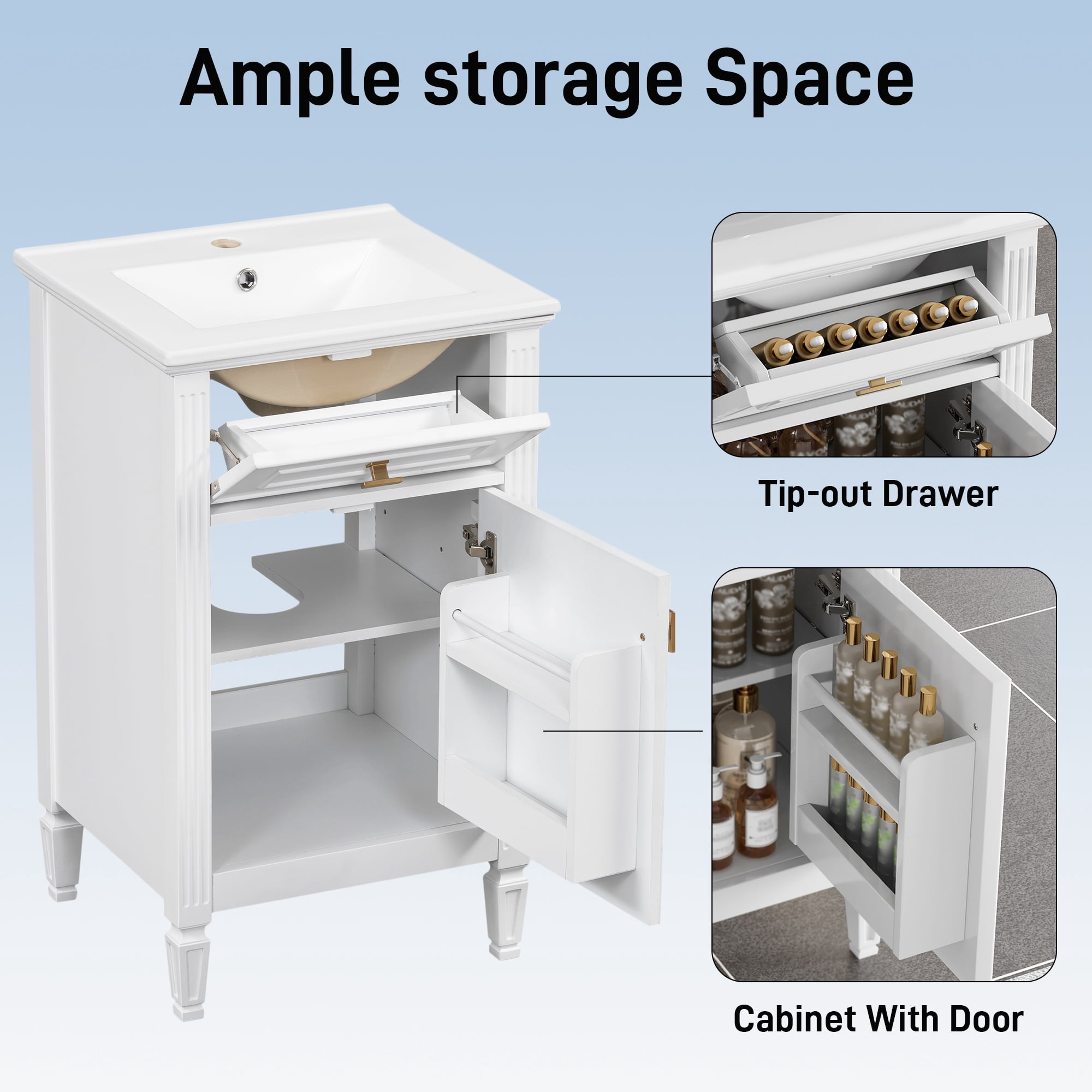 Euroco 20" Bathroom Vanity with Integrated Ceramic Sink, Soft-Close Hinges and Drawer Storage, Solid Wood Legs