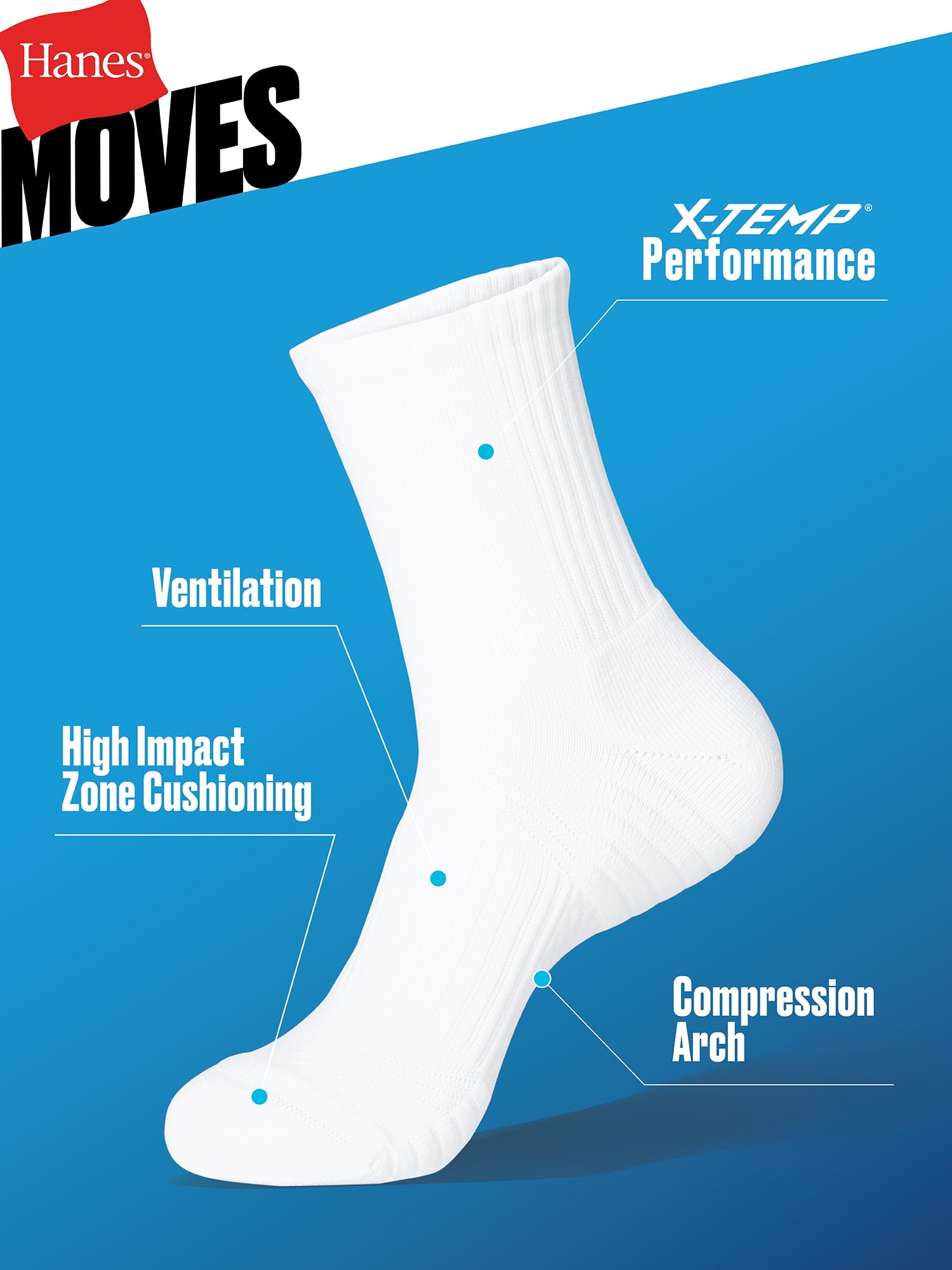 Hanes Mens Crew Socks, 3-Pack, Moves Impact Zone Cushioned Crew Socks, Shoe Sizes 6-12