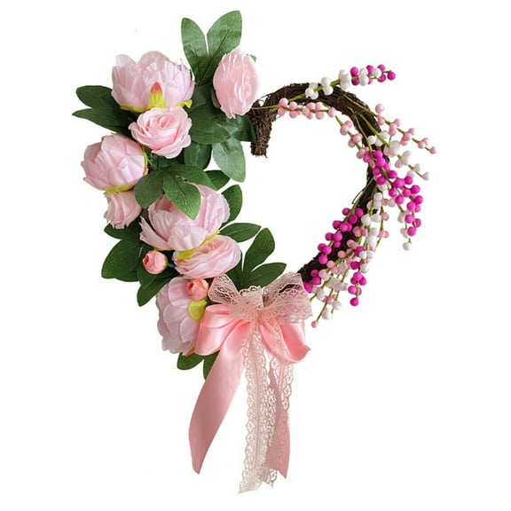 DAMAI Heart Shaped Rose Wreath,14 in Pink Valentine’s Day Floral Wreath with Ribbons, Artificial Flower Wreath for Valentine's Day, Heart-Shaped Garland Wreaths for Front Door