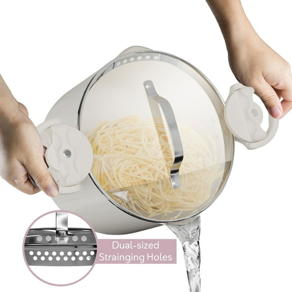 Virtu Stock Pot, 5 Quart Large Cooking Pots, Ceramic Stock Pot, Strainer Lid Soup Pot, Multi-Purpose Pasta Pot, Nonstick Dishwasher Safe, Cream