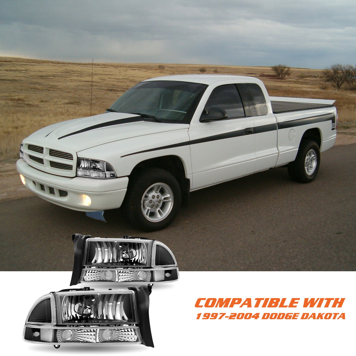 For 1997-2004 Dodge Dakota 1998-2003 Durango Black Clear Headlight Assembly Pair