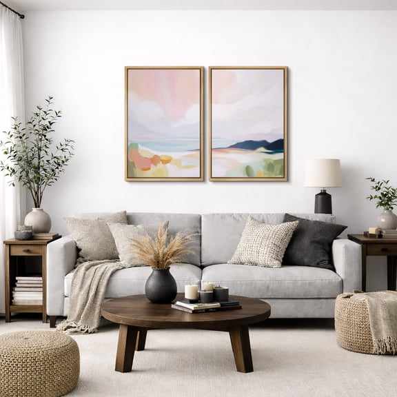 Framed Canvas Wall Art Set of 2 Abstract Field Landscape Prints for Living Room Decoration - 16"x24"x2 NATURAL