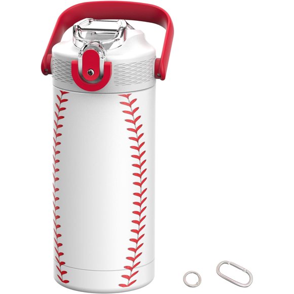 MYFOREST 13oz/400ml Insulated Kids Water Bottle, Surgical Grade Steel, High-Resolution Original Pattern, Dishwasher-Safe, Name Badge, Carabiners (Baseball, 14 Ounces)