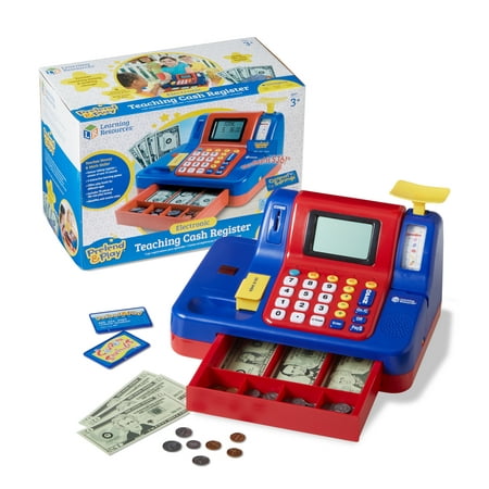 Learning Resources Pretend & Play Teaching Play Cash Register with Play Money Set, Realistic Lights & Sounds, Math Games, 73 Pieces, Preschool Toys For Kids Girls Boys Ages 3, 4, 5+