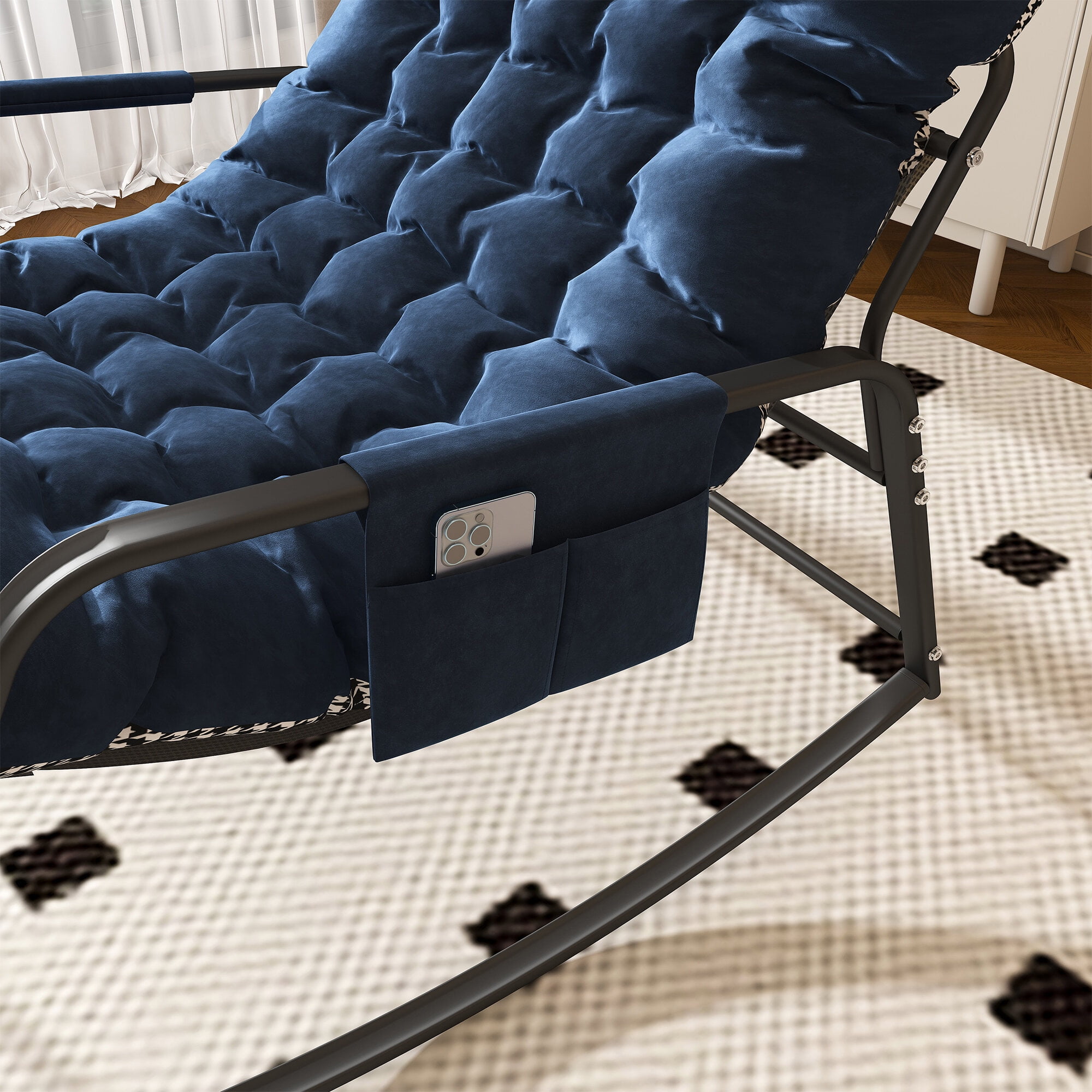 Outdoor Rocking Chairs Rocking Chair with Storage, Cushions & Armrests, All-Season Comfort Lounge Recliner, Breathable Ergonomic Lounge Chair for Bedroom, Living Room, Patio, Garden(Blue),Indoor Rock