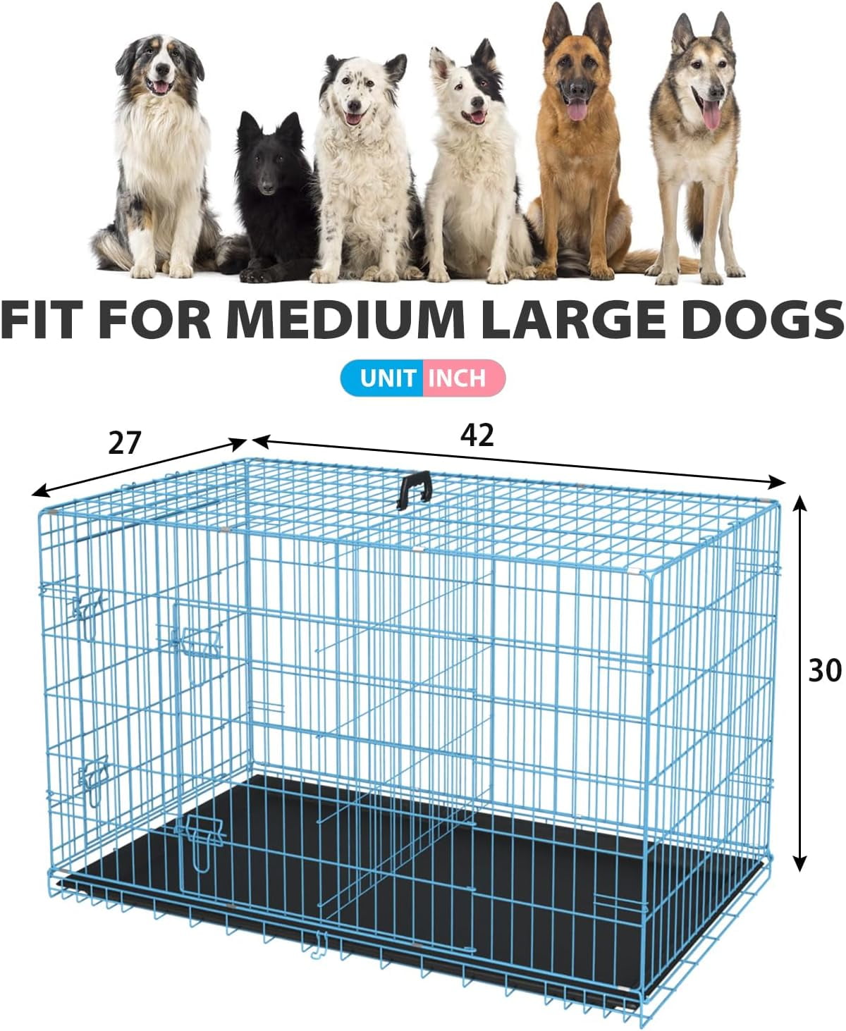 Dkelincs XL 42 inch Double Door Dog Crate for Large Dogs Foldable Metal Kennel with Handle Divider Removable Tray Blue Walmart