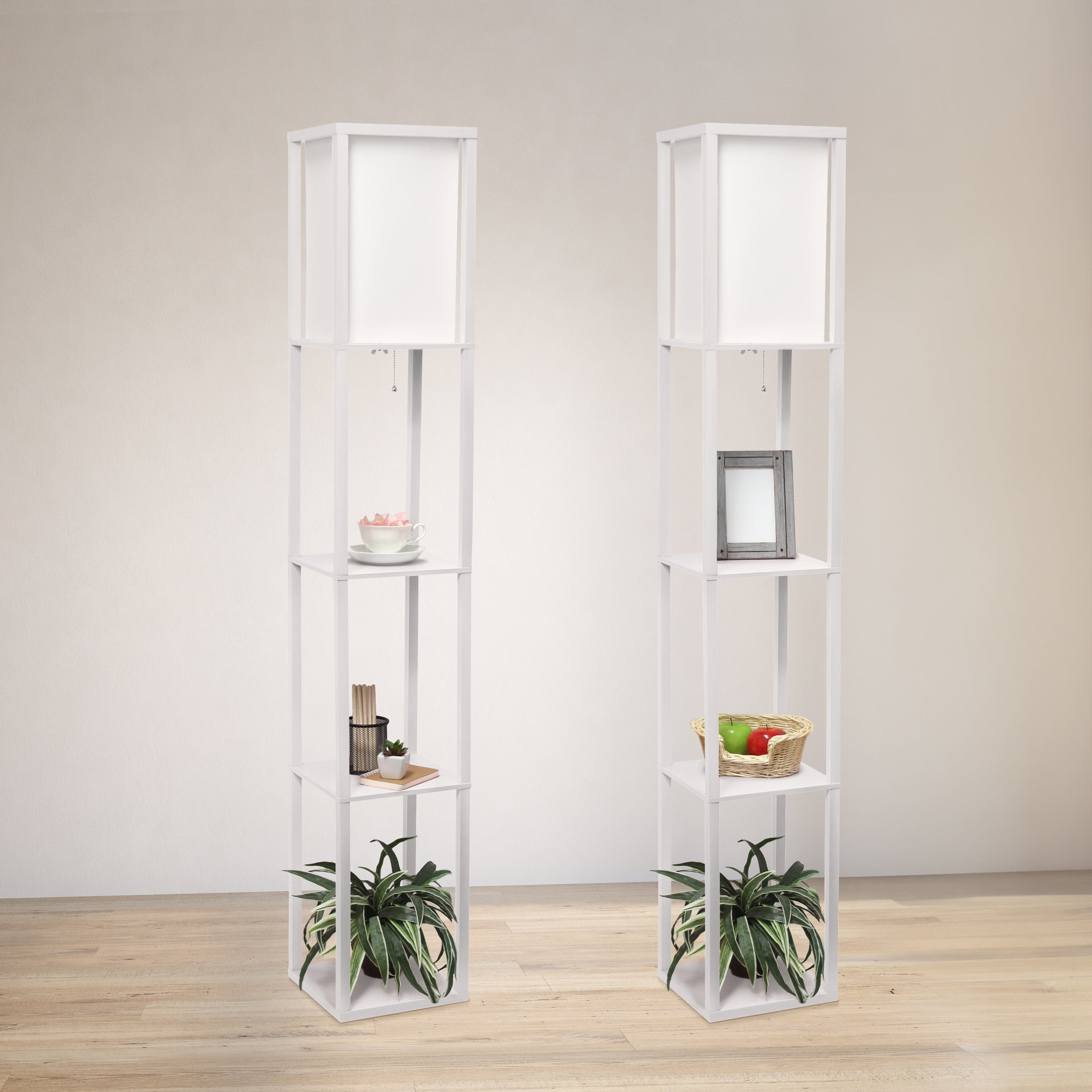 Simple Designs 62.5" Three Shelf Etagere Organizer Storage Floor Lamp 2 Pack Set with White Linen Shade for Living Room, Bedroom, Office, Hallway, White