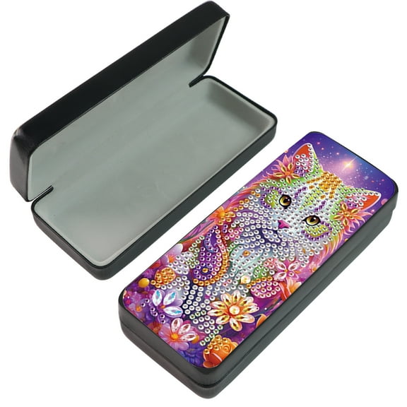 5D Diamond Painting Kit Eyeglass Case Floral Cat DIY Eyeglass Storage Box Leather Handcrafted Diamond Art Gift Eyeglass Case