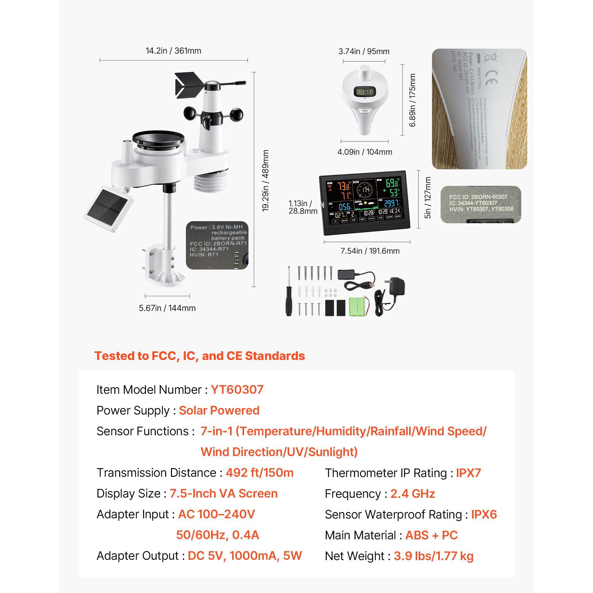 Dranite 7-in-1 Wi-Fi Weather Station with APP, 7.5" Display, Wireless Solar Sensor, Pool Temp & Rain Gauge – Indoor/Outdoor Forecast, Wind Speed Monitoring