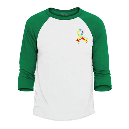 Shop4Ever Men s Autism Awareness Puzzle Ribbon Pocket Size Raglan Baseball Shirt XXX-LargeWhite/Blue