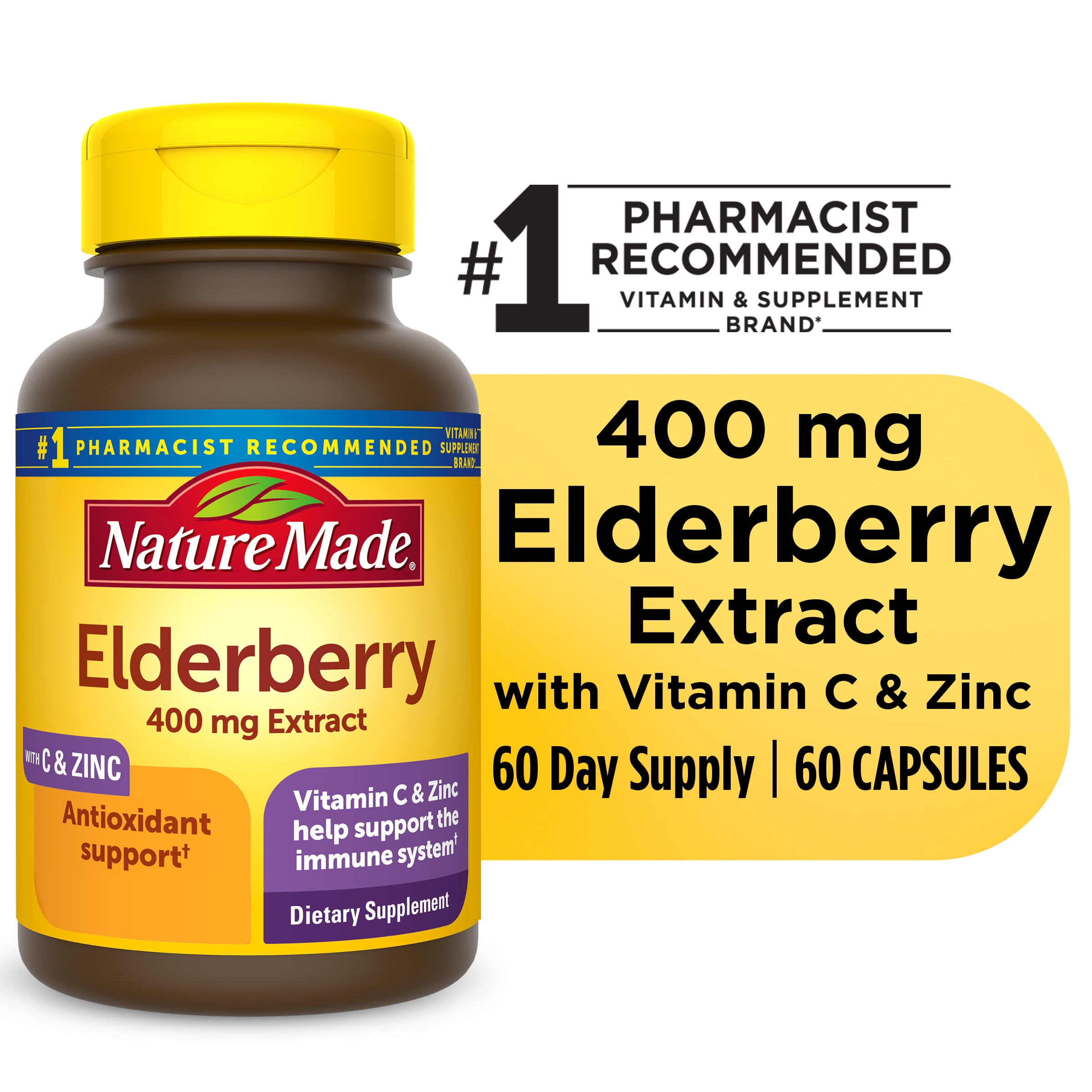 Nature Made Elderberry 400 mg Extract with Vitamin C and Zinc Capsules, Dietary Supplement, 60 Count