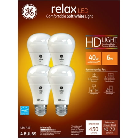 GE LED 6W HD Relax Soft White General Purpose, A19 Medium Base, Dimmable, 4pk Light