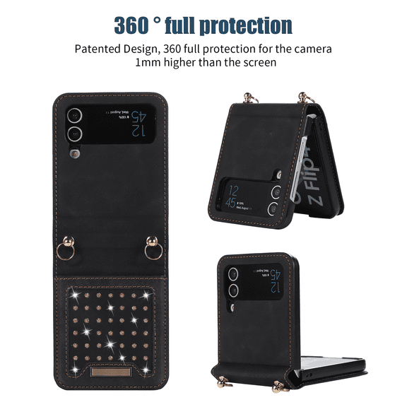 For Samsung Galaxy Z Flip 3 Shockproof Hinge Protection Luxury Leather Card Slots With Crossbody Strap Phone Case Cover