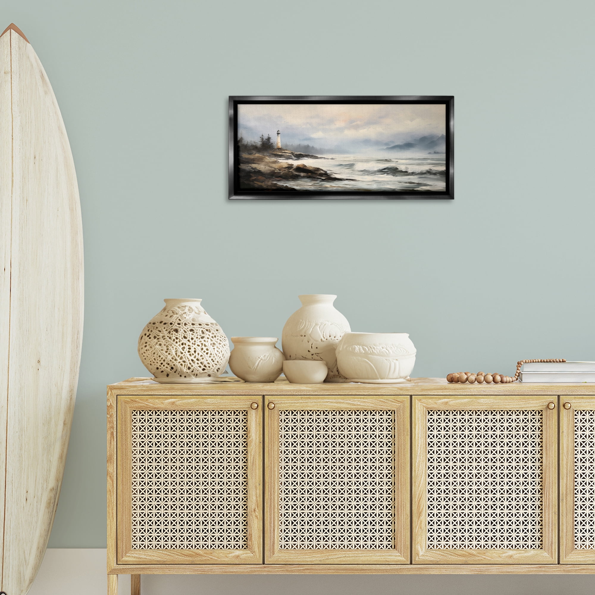 Stupell Industries Coastal Lighthouse Waves Coastal Painting Black Floater Framed Art Print Wall Art, 31 x 14