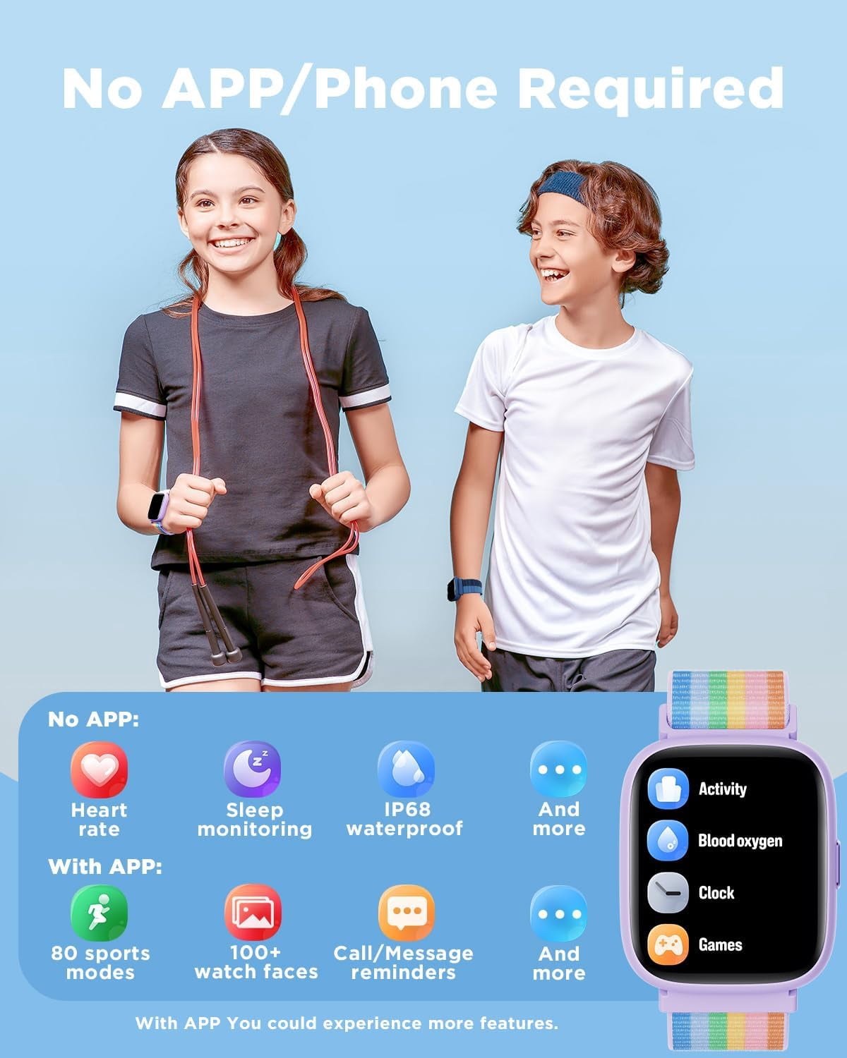 BIGGERFIVE Smart Watch for Kids, 1.8" Fitness Tracker Watch Pedometer, Sleep Monitor, IP68 Waterproof, Calorie Step Counter, Puzzle Game with/Without APP for Girls Teens 5-16,