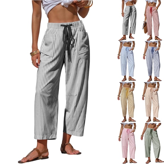 Women's Casual Barrel Pants Summer Striped Drawstring Wide Leg Trousers Beach Lounge Capri Pants with Pockets Sky Blue XL