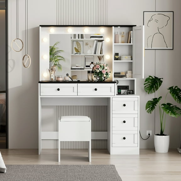 Modern White Vanity Stool Set, Farmhouse Makeup Table and Upholstered Stool with Lighted Mirror, Power Outlets, 6 Drawers and a Door Cabinet