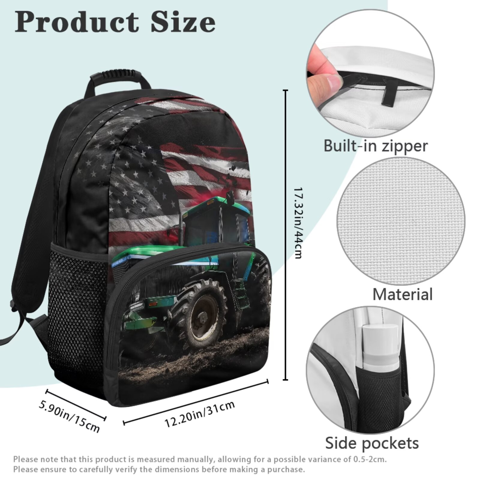 Set de mochila y lonchera para niñas, 4 piezas, para primaria, de 6 a 8 años, resistente al agua, gran capacidad, con correas acolchadas, estampado de tractor con bandera americana 7