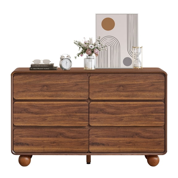 YOCWO 6 Drawer Dresser for Bedroom, Mid Century Chest of Drawers with Arc Edge and Round Leg, Wood Storage Large Dresser Organizer for Bedroom Living Room Hallway Closet, Walnut
