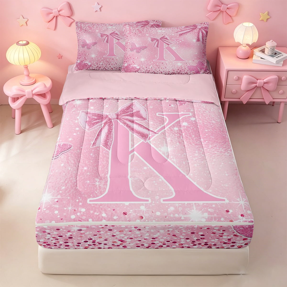 Homewish Dreamy Princess Bowknot Zipper Full Size Comforter Sets with Fitted Sheet and 2 Pillowcases Pink Glitter Print Letter K Zipper Bedding Set For Girl Pink Reversible 4 Pieces