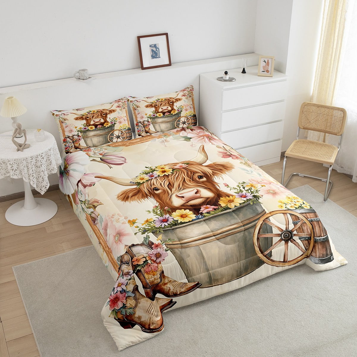 Erosebridal Kawaii Highland Cattle Comforter Sets Twin Size, Western Cowboy Cowgirl Boots Comforters & Duvets, Colorful Flower Room Decor, Reversible 2pcs