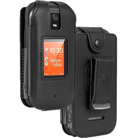 Case for Consumer Cellular Iris Flip Phone, Nakedcellphone [Black Vegan Leather] Form-Fit Cover with [Built-In Screen Protection] and [Metal Belt Clip] for SH3320 (2023)