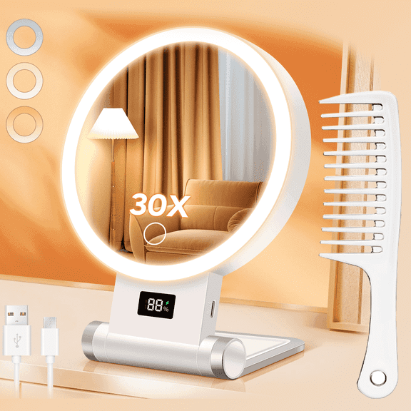 30X/1X Magnifying Mirror with Light, 2000mAh Rechargeable with Battery Display, 3-in-1 Design: Height-Increasing Upright/Foldable/Hangable, Double-Sided with 3 Color Modes, Perfect for Women