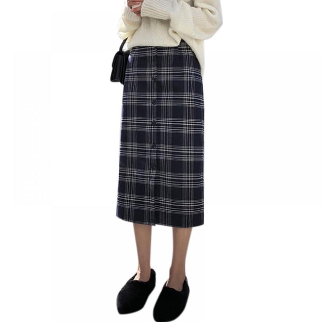 Femmes Automne Taille Haute Wild Rétro Laine Sac Jupe Hip Plaid Bouton Imprimé Mi-Longueur une-Ligne Robe