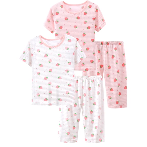 WIBACKER Girls 4 Pieces Cotton Pajamas Set 2-15Y Toddler Girls Short Sleeve and Shorts Sleepwear Summer Strawberry Jammies