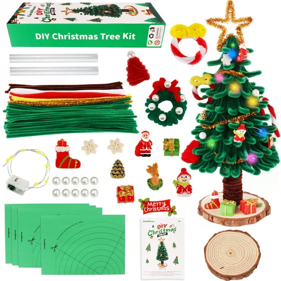 CandWuom Kids Art & Craft Kit - DIY Mini Christmas Tree with Lights, Pipe Cleaner Craft Supplies Chenille Stems Craft Set, Light Christmas Tree & Ornaments Accessories for Holidays