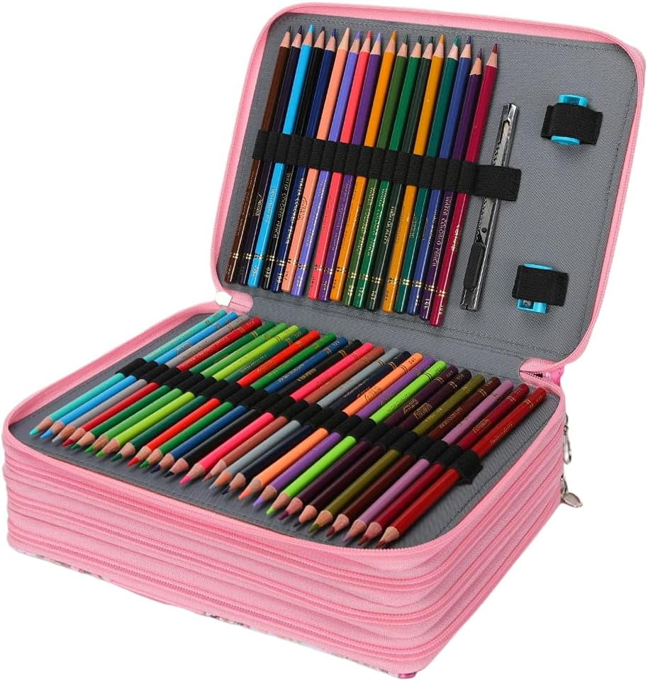 Portable Colored Printing Flower Pencil Case - 200 Slots Pencil Holder with Zipper Closure Twill Fabric Large Capacity Pencil Case for Watercolor Pens Markers, Multilayer Pencil Organizer for Artist
