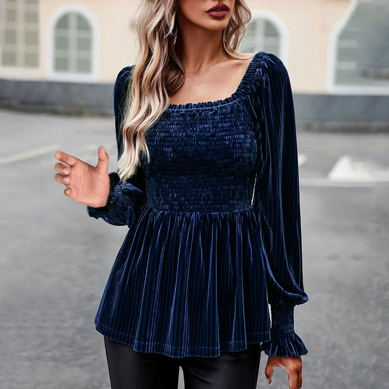 JWZUY Women's Peplum Tops Velvet Vintage Square Neck Shirts Bishop Long  Sleeve Wrap Casual Dressy Tunic Blouse Navy XL