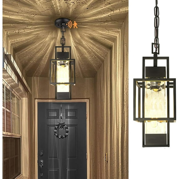 Motion Sensor 15" Outdoor Pendant Light Exterior Hanging Lantern Modern Black Metal Outside Chandelier Light Fixture Ceiling Mount