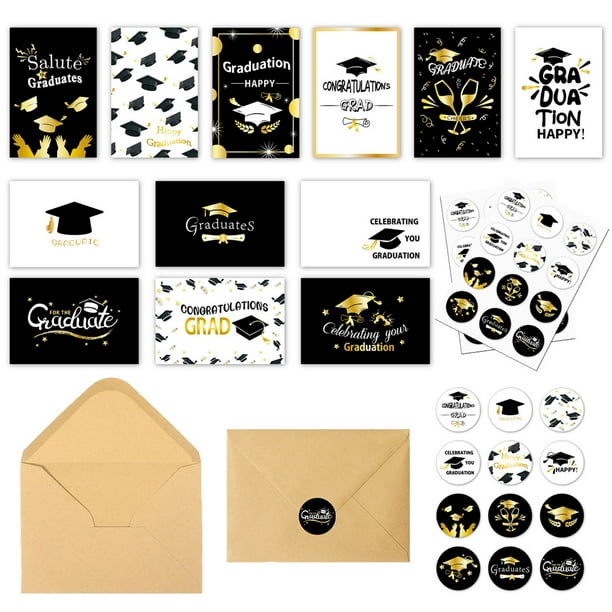 Tarjeta de mensaje de temporada de graduación, surtido de tarjetas de graduación, negro y dorado, felicitaciones con sobre, 6 uds.