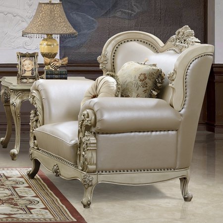 LIVING ROOM SOLID WOOD/LEATHER CHAIR | IVORY W/SILVER HIGHLIGHT