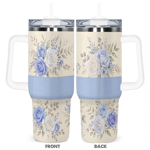 40oz Blue and White Rose Floral Insulated Car Tumbler with Handle and Straw Travel Coffee Cup Gift for Women
