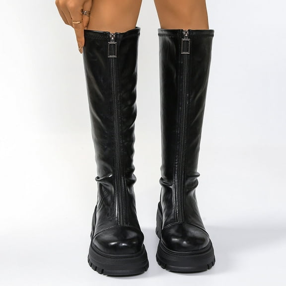 Wowcloth Woman's Fashion Casual Winter Knee-High Boots, Solid Color Round-Toe Front Zipper Chunky Low Heel, Mid-Calf Height Boots for Daily Wear and Cold Weather